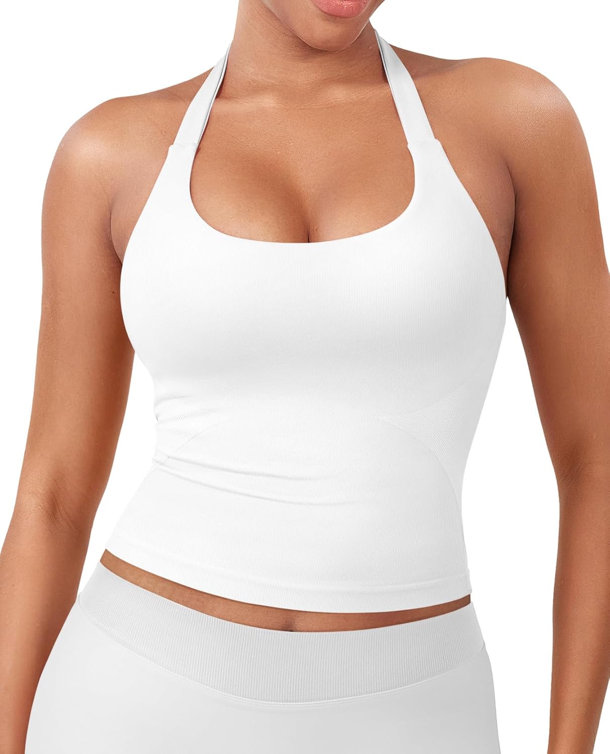 YEOREO SoftHue Women's Impact Halter Tank Top Longline Backless Scoop Neck Built-in Bra Sports Workout Gym Crop Top