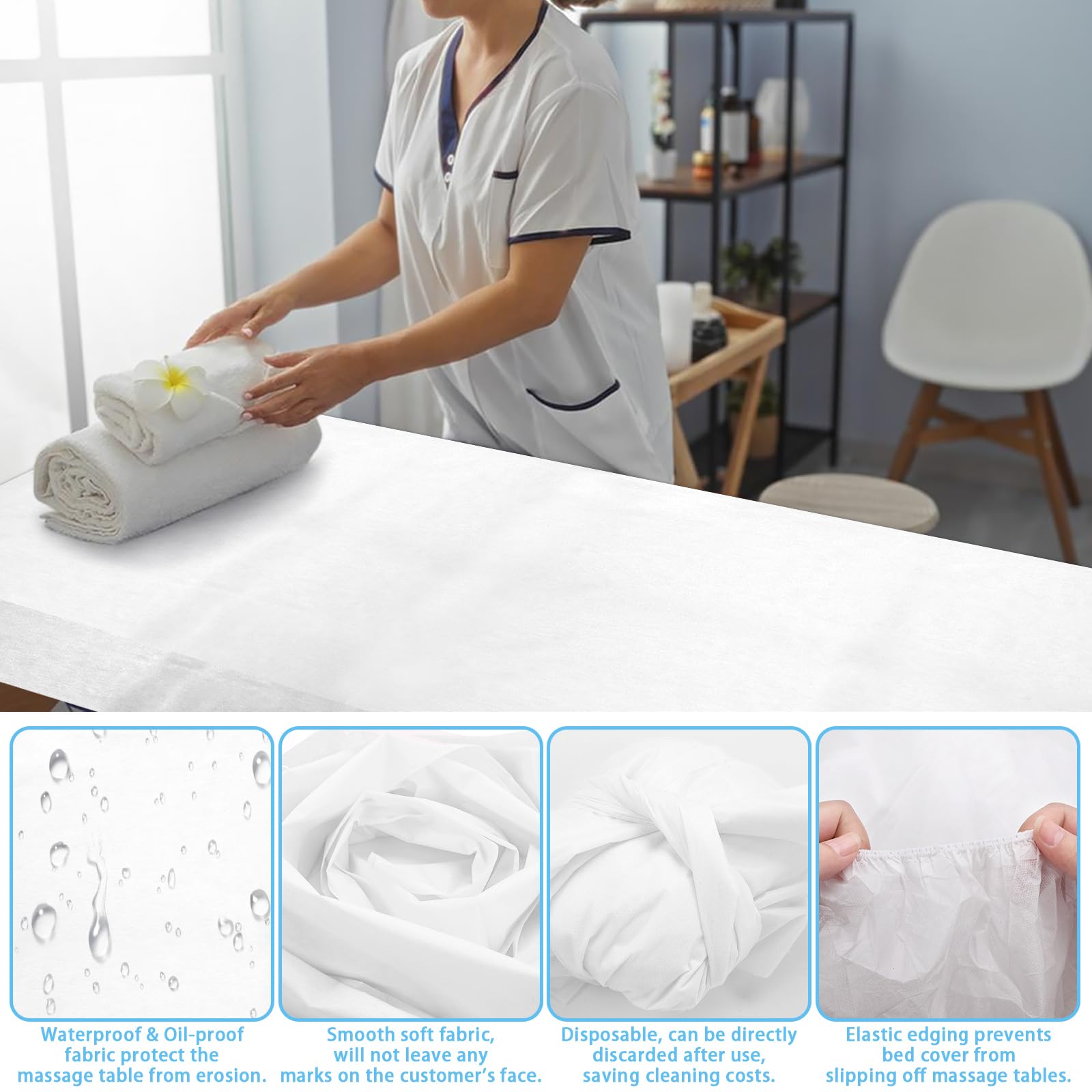 50 sábanas bajeras desechables de 84 x 35 pulgadas para mesa de masaje con elástico, transpirable, desechable, cubierta de mesa de masaje, fundas de cama de spa de tela no tejida, un solo uso para