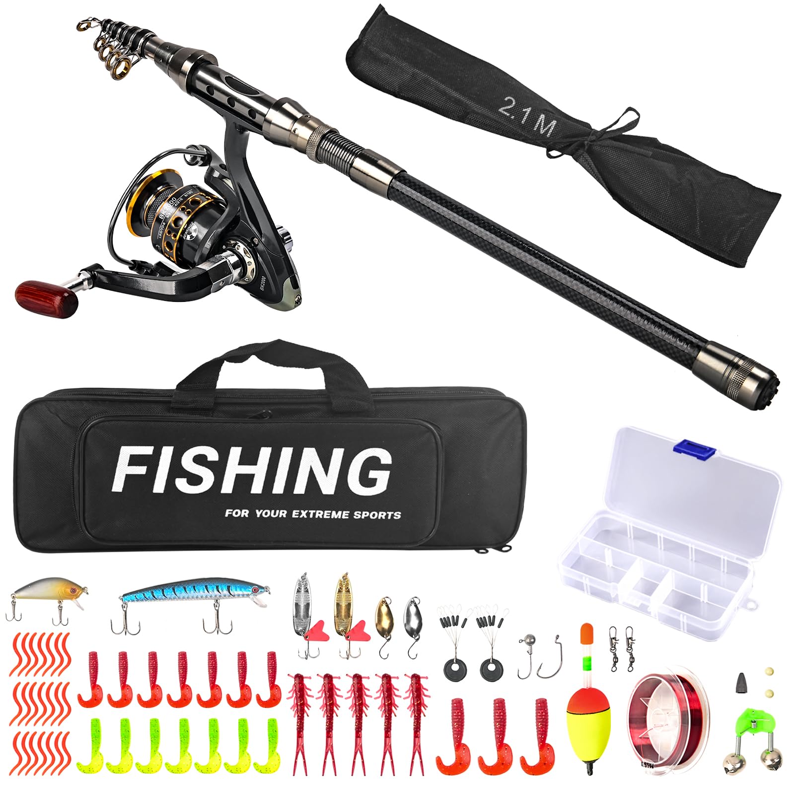 Angelrute Set Komplett, Teleskop Angelrute Spinnrute mit Angeln Rute Rolle Kombi Angelköder-Zubehör Tragetasche Fishing Rod Anfänger für Salzwasser-Süßwasser