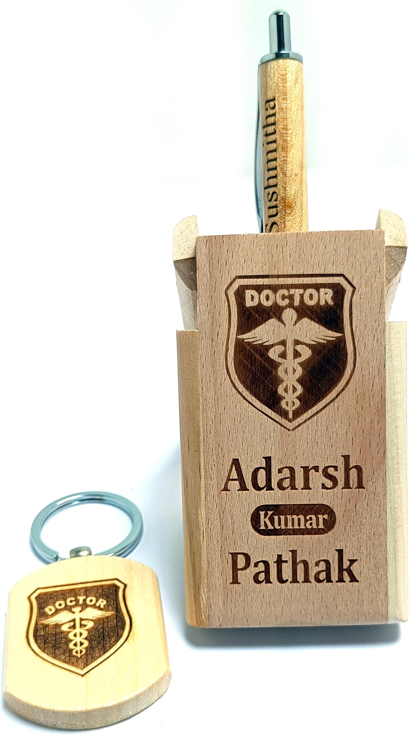 Sensy Gifts Wooden Personalized Pen Stand with Key Chain Name Engraved on it For Gifts on Birthdays | Anniversary | Weddings | Friends (Doctor)