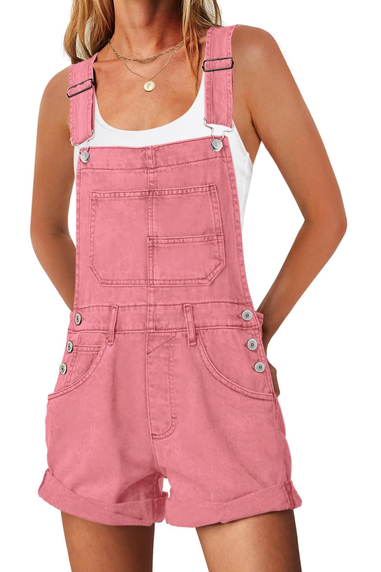 ReachMe Womens Casual Adjustable Bib Overall Shorts Classic Cuffed Hem Shorts Romper Vintage Shortalls with Pockets