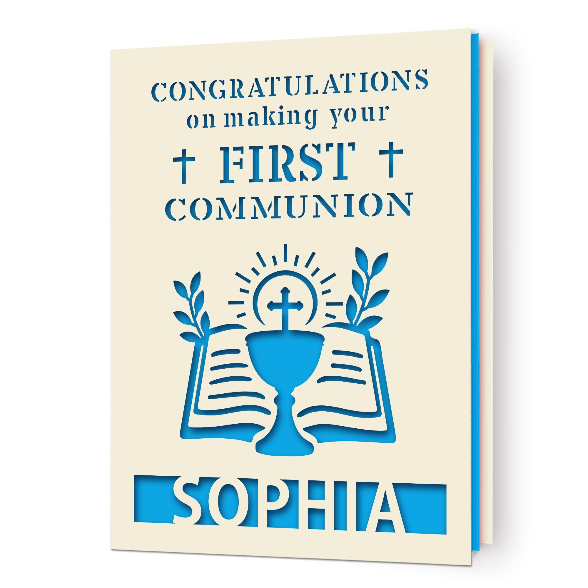 EDSG Personalised First Holy Communion Card, Communion Congratulations Card with Envelope, First Holy Communion Card Gifts for Boys Girls Daughter Granddaughter Grandson (Blue)