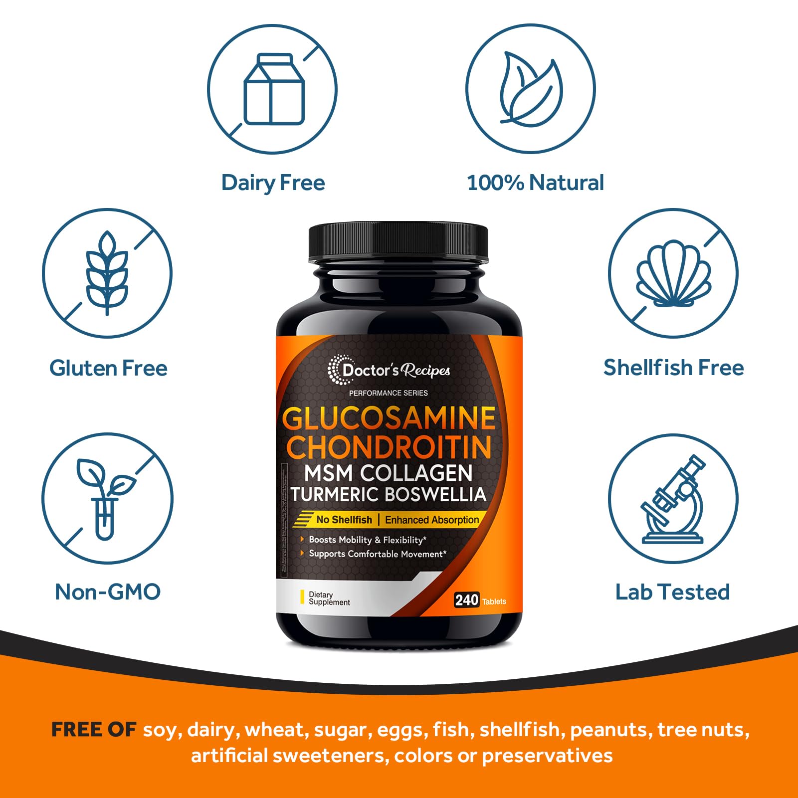 Doctor's Recipes Glucosamine Chondroitin MSM Turmeric Quercetin, Movement Support Supplement for Men & Women, with Black Pepper for High Absorption, Mobility & Flexibility, No Shellfish, 240 Tablets — Amazon image 6