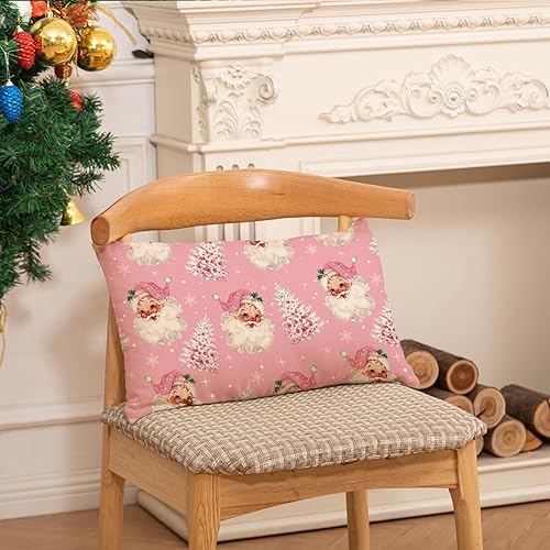 Miniatura 5 de AnyDesign - Funda de almohada de árbol de Navidad rosa de Papá Noel, 12 x 20 pulgadas, funda de cojín de Navidad para fiesta, hogar, granja, sofá,