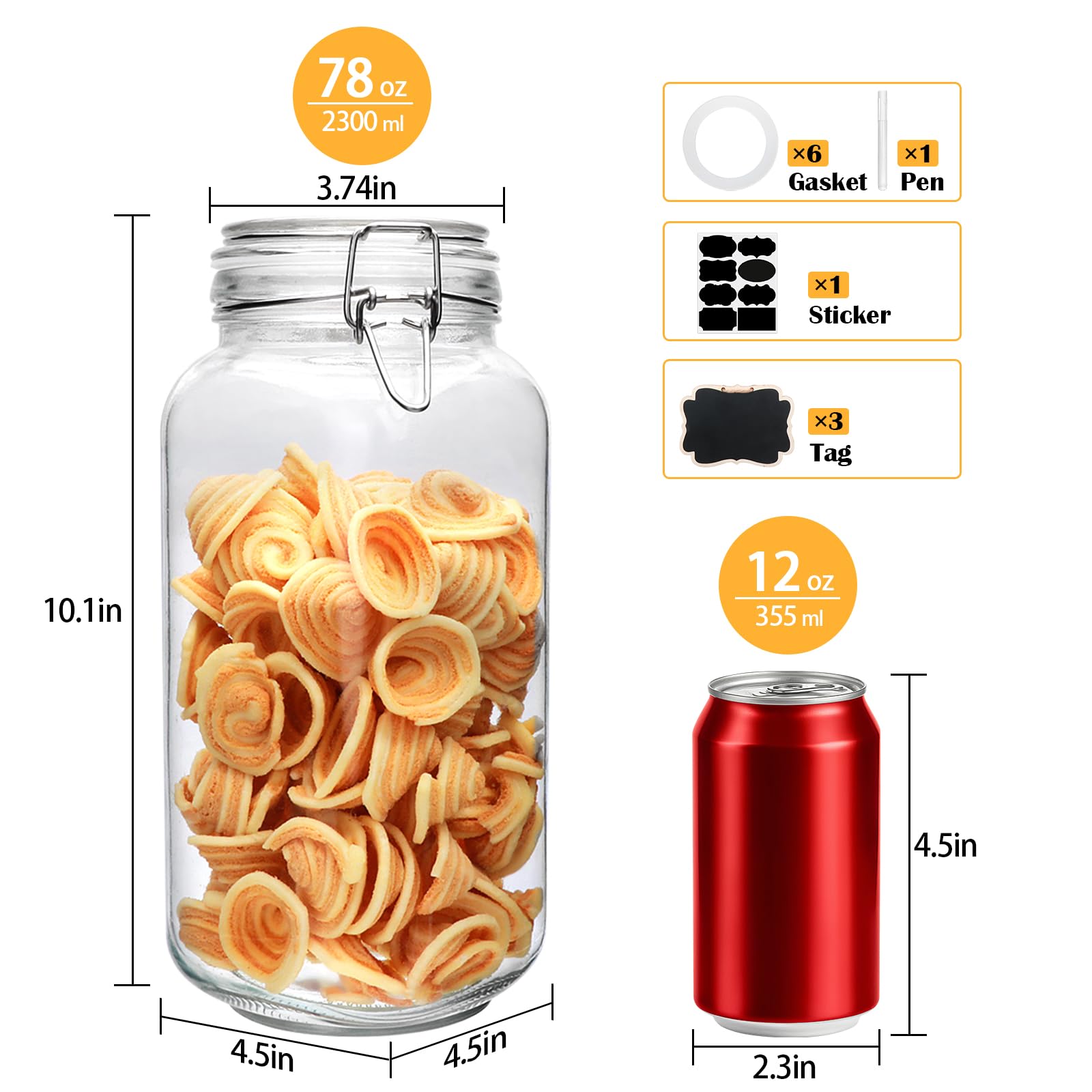 Flrolove Vorratsdosen aus Glas mit luftdichtem Deckel, Vorratsdosen mit Deckel, quadratisch, groß, luftdicht, perfekt für die Küche, Müsli, Nudeln, Mehl, Kaffeebohnen, 2,2 l, 3 Stück