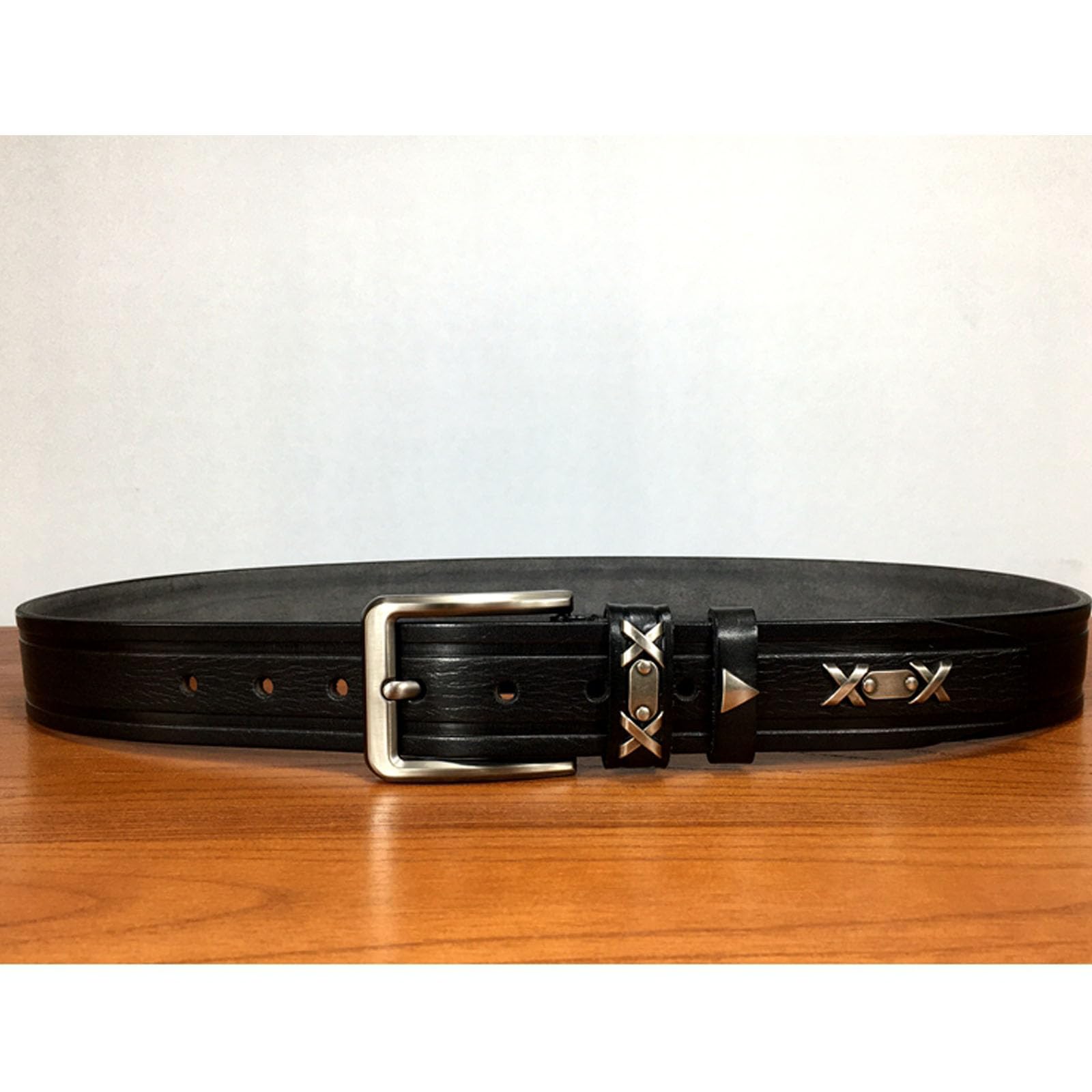 Cintura Uomo Fibbia ad Ardiglione, Cinture de Casual Western con Borchiata, Cintura de Rivetti Punk de Regolabile con Fibbia in Lega Metallica,Nero,120CM/47.3''