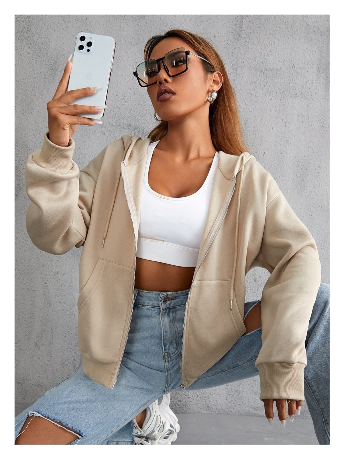 Sweat à capuche femme douillet contre le froid en taille M couleur abricot