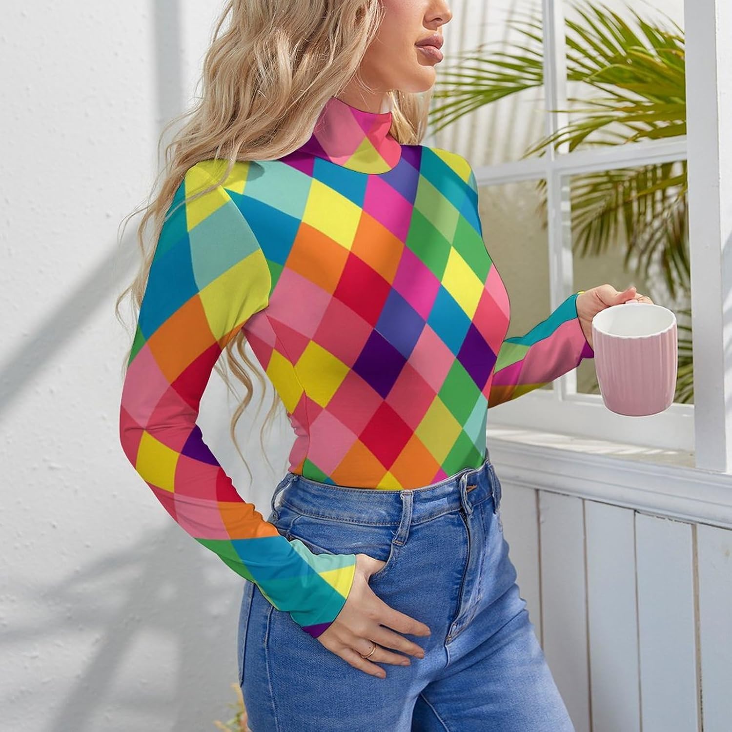 Colorful Harlequin Women's Long Sleeve Bodycon Romper Turtleneck Leotard Thong Top