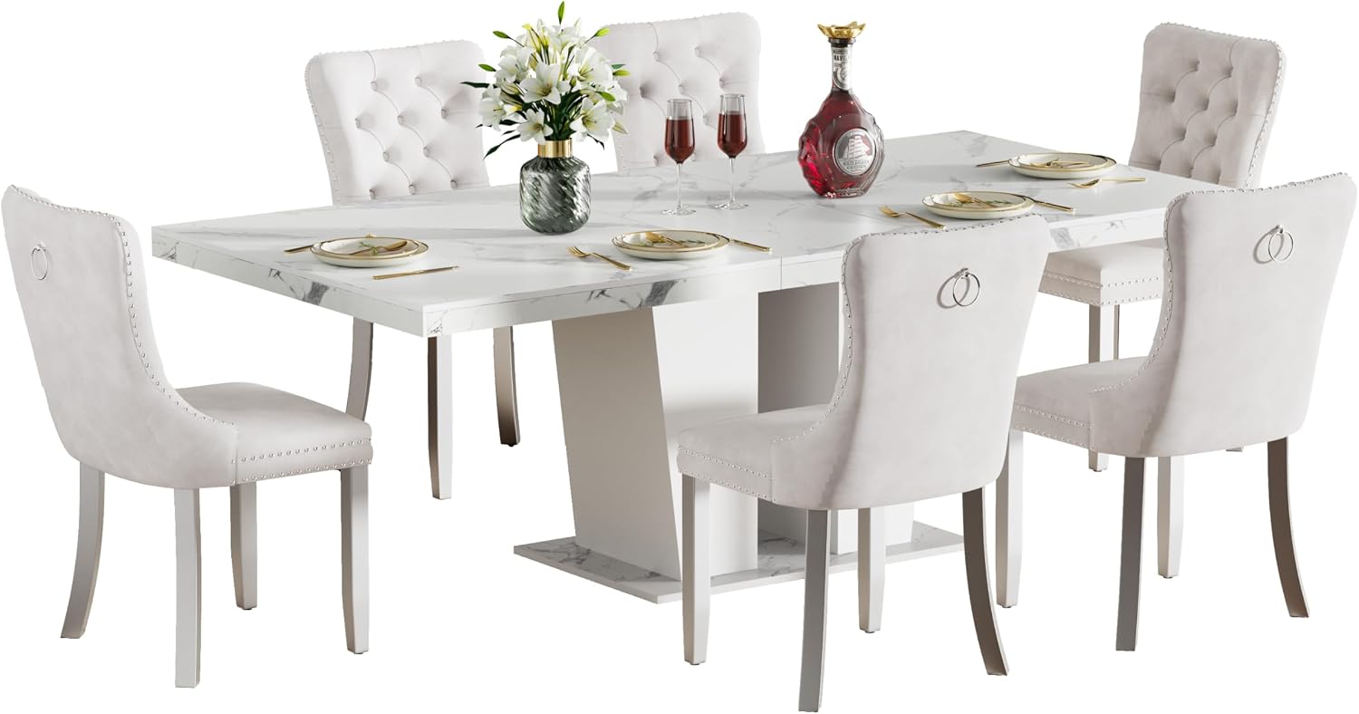 Henf 7 Pieces Faux Marble Dining Table Set for 6, 63"-79" Extendable Dining Room Table and 6 Beige Tufted Chairs Set for 6, Modern Large Expandable Kitchen Table with White Double Columns Base