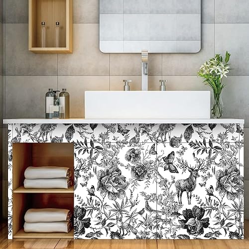 Miniatura 3 de HUAJIE Papel tapiz autoadhesivo para despegar y pegar en blanco y negro papel de contacto extraíble animales salvajes y flores para muebles estante