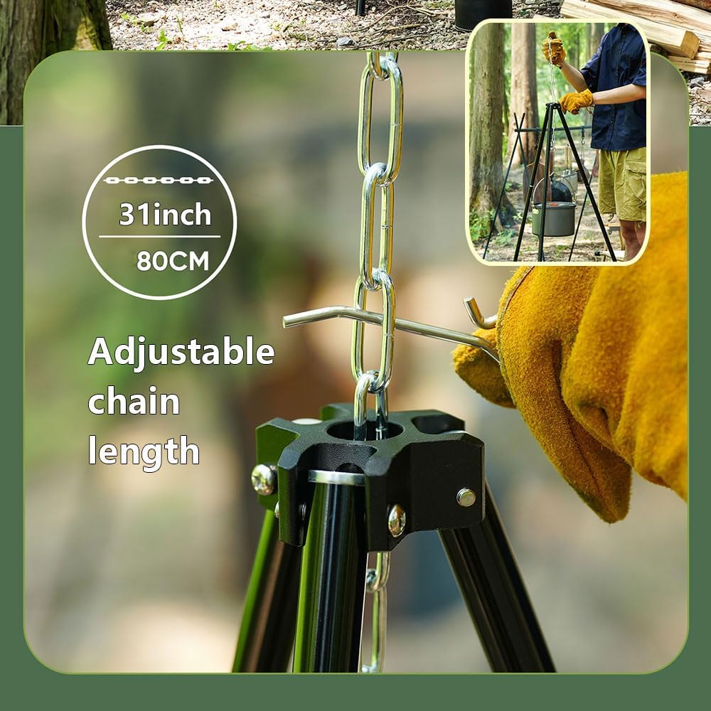 Camping Tripod Cooker，31.5 Inch Aluminum Alloy Adjustable Portable Campfire Pole with Adjustable Carbon Steel Chain with Storage Bag for Picnic BBQ Cooking Cooking with Storage Bag