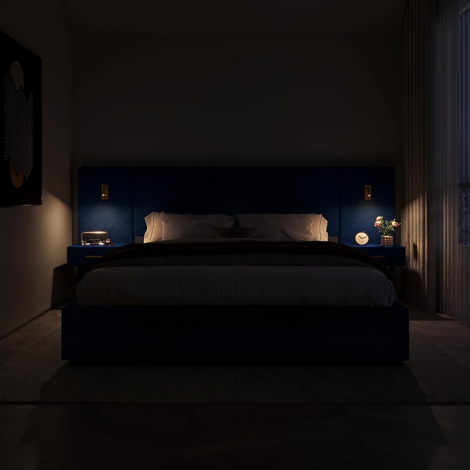DEINPPA Luxury King Bed Frame with Built-in Gold LED Lights and Nightstands, King Size Platform Bed with Oversize Upholstered Headboard, No Box Spring Needed-Royal Blue King Royal Blue
