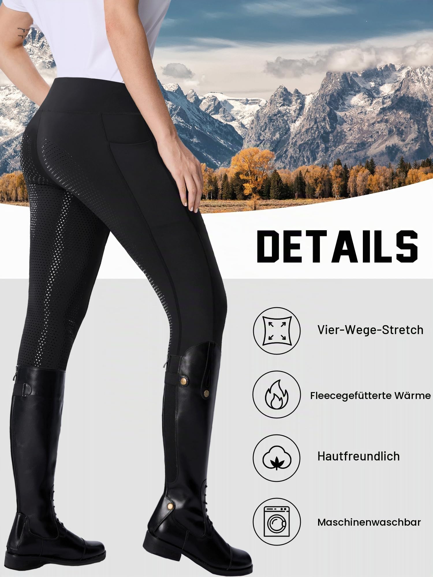 Damen Winter Reitleggings mit aktiver Silikon-Grip Vollbesatz - Reithosen für Frauen Fleece Gefüttert