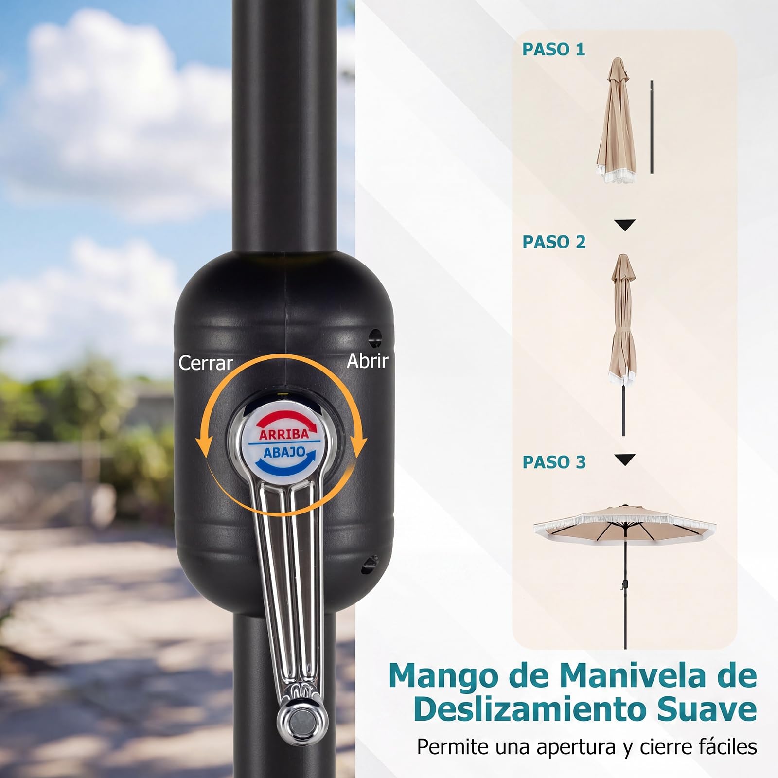 COSTWAY 270 cm Sombrilla Terraza Exterior, Parasol Reclinable de Jardín con Inclinación Bidireccional de 30°, 8 Varillas Metálicas, Manivela y Volantes/Flecos Decorativos para Patio