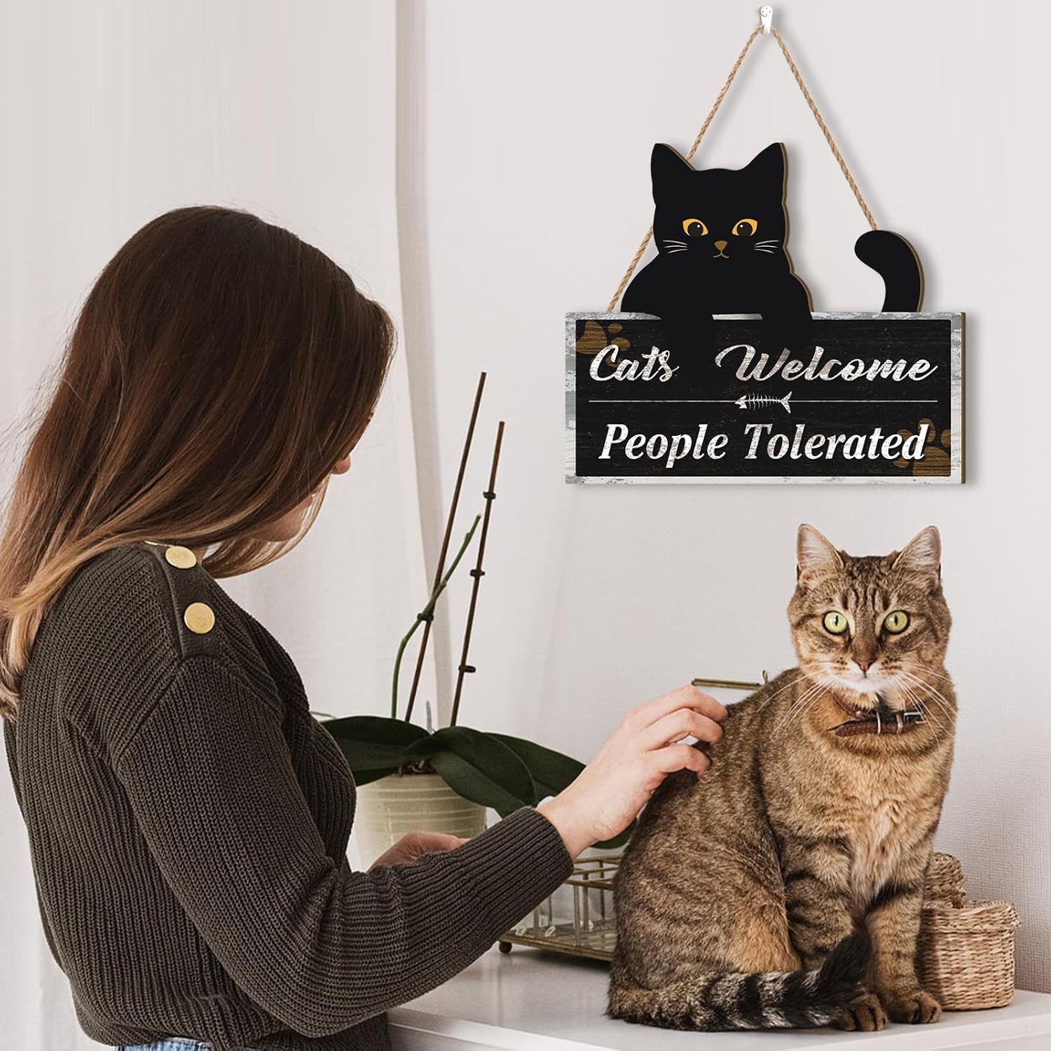 Black Cat Door Sign,Cat Welcome People Tolerated Door Decor,Funny Welcome Wall Plaque,Gifts For Cats Lovers,Halloween Black Cats Wooden Hanging Sign,Kitty Wall Decor for Home Room Porch Yard