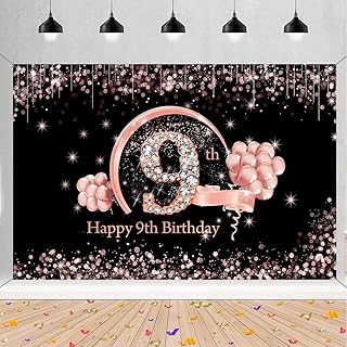 Happy 9th Birthday Decorations Backdrop Banner for Girls Happy 9 Years Old Party Fabric Sign Poster Girl Birthday Black and Rose Photo Background 9th Birthday Party Supplies, 59