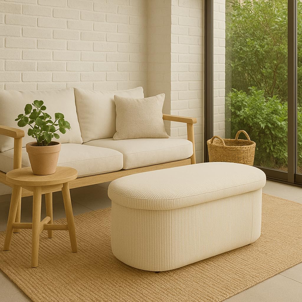 Puff Almacenaje Pana - Baul Almacenaje Dormitorio, Banco Zapatero con Asiento, Taburete Tocador, Puff Salon, Banco Recibidor, Taburete Almacenaje, Otomana, 76x38x38 cm, Blanco