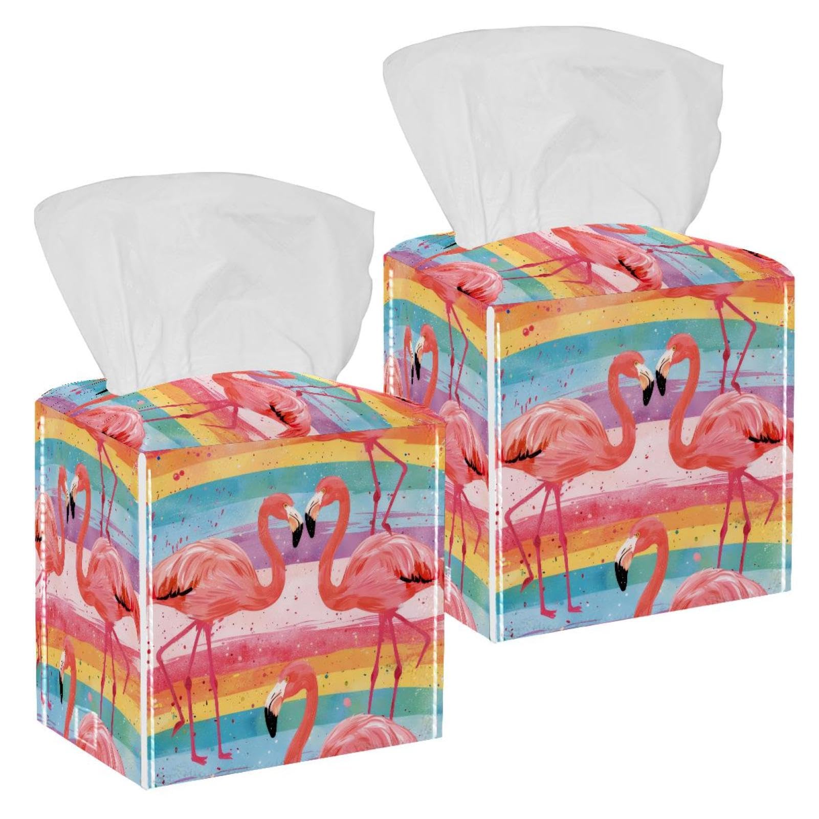 Flamingo Rainbow Tissue Box Cover, 2 Pack PU Leather Square Facial Tissue Dispenser Box holder for Home Office Car