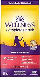 Wellness Complete Health Adult Dry Cat Food for Indoor and Outdoor Cats, Wholesome Grains, Natural, Salmon & Salmon Meal (5 Pound Bag)