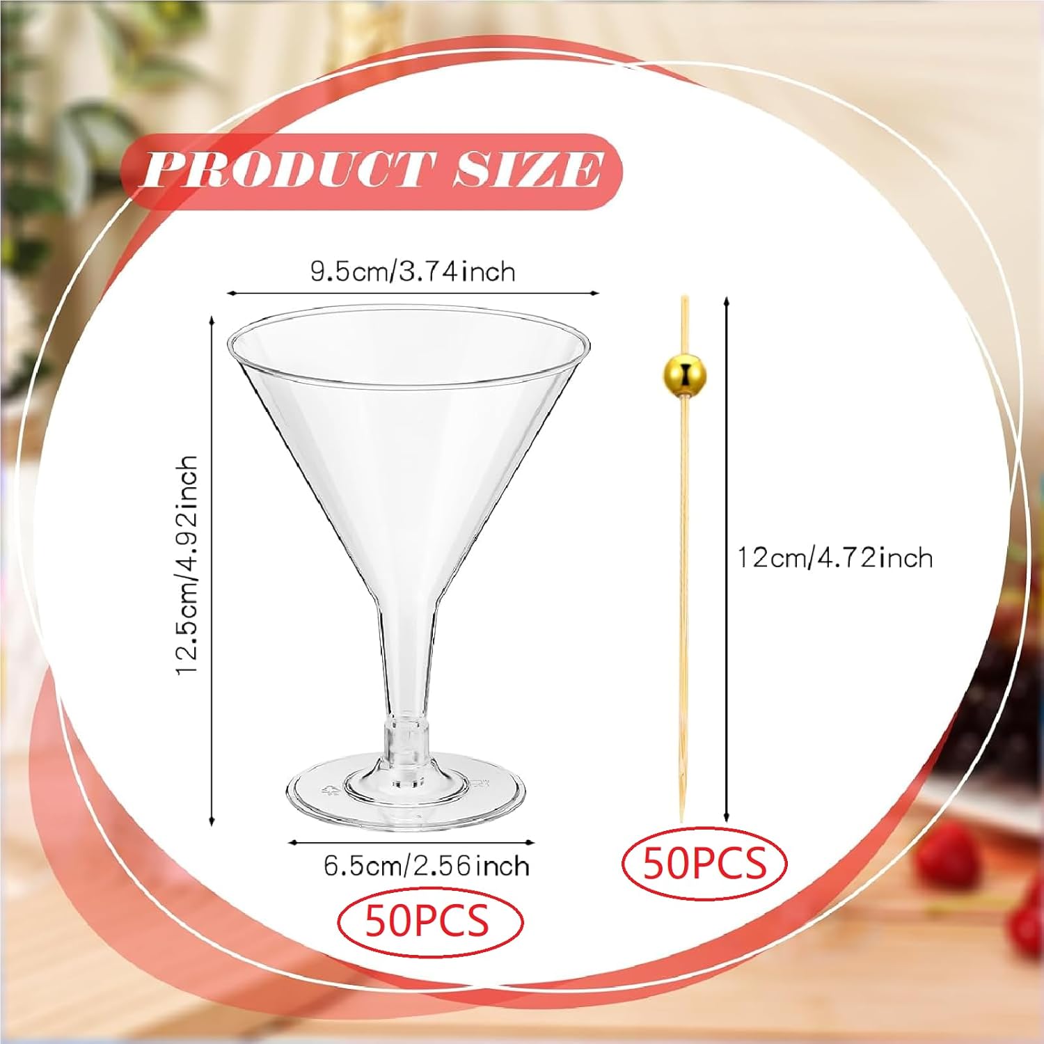 Irenare 100 Pcs 7 oz Plastic Martini Glasses and Cocktail Picks Set Disposable Clear Cocktail Dessert Glasses Unbreakable Mini Cups for Wedding Party Wine Appetizers Food