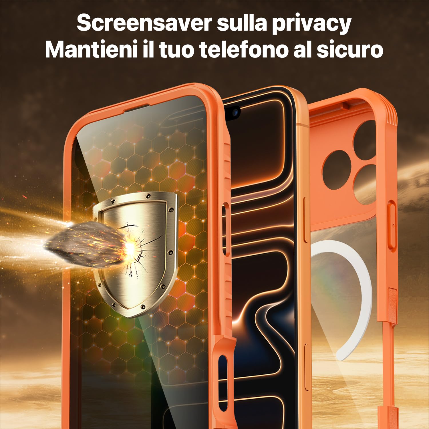 CENHUFO Magnetica Privacy Cover iPhone 17 Pro [Compatibile con Magsafe] Integrata 9H Vetro Temperato Anti Spia Schermo e Protezione Fotocamera, Custodia Antiurto 360 Gradi Doppia Case -Arancione