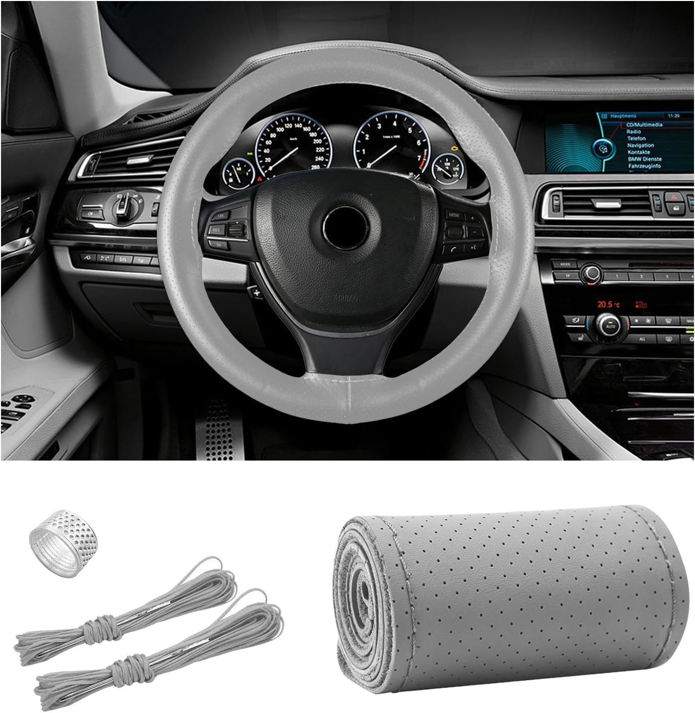 Ziciner Genuine Leather Steering Wheel Cover, Stitch on Wrap, Breathable Anti-Slip Car Steering Wheel Protector for Max Diameter 15 Inch, DIY Sewing with Needles Thread (Gray, Hole)