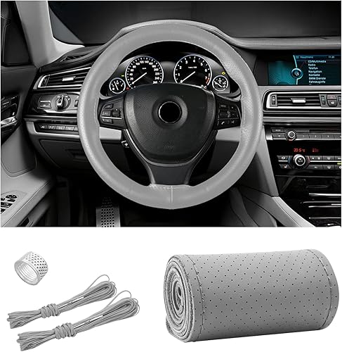 Vista 25 de Ziciner - Funda de cuero genuino para volante, transpirable, antideslizante, protector de volante para un diámetro máximo de 15 pulgadas, para coser