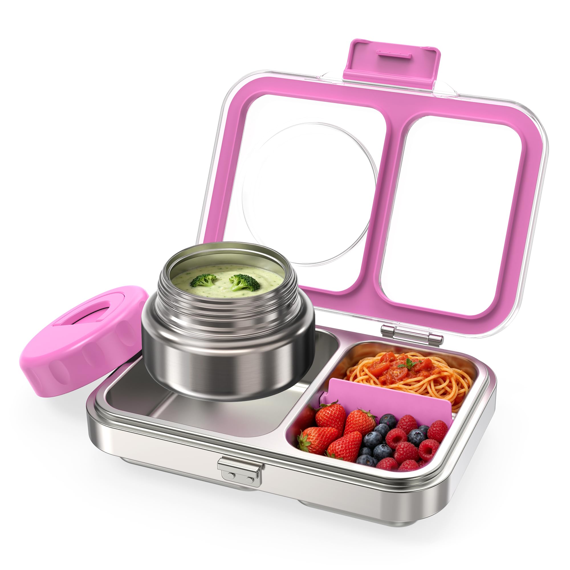 Itslife Fiambrera Inox 18/8 con Recipiente Térmico 280ml, Caja Bento 2 Compartimentos Antifugas para Niños y Adultos, Tapa Tritan, Sin BPA, Apta para Lavavajillas, Morado