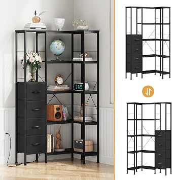 Corner Bookshelf Unit with 4 Fabric Drawers & LED Light, 5-Tier, Black