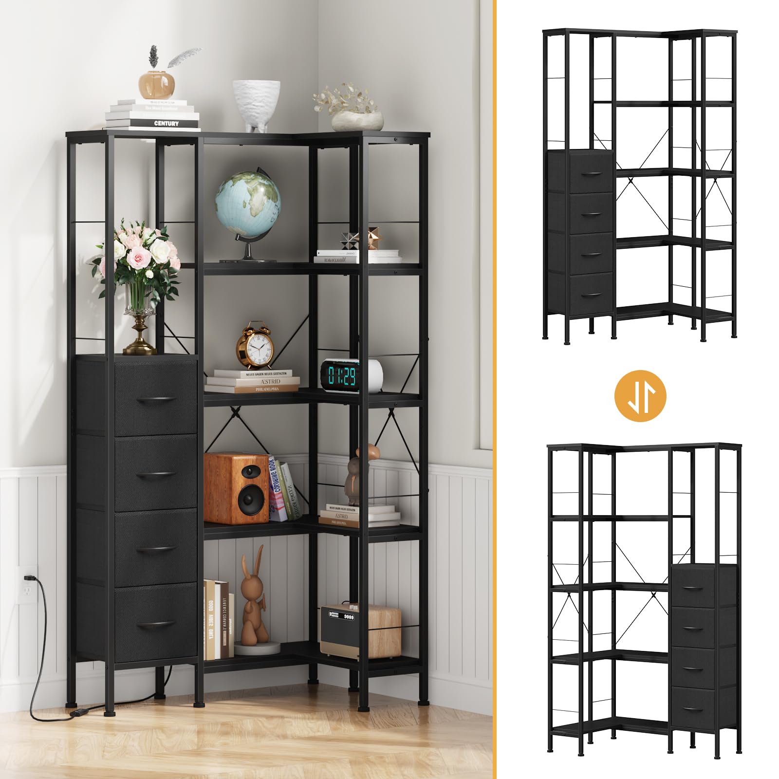 Estanteria Esquina con Iluminación LED, Estanterias Almacenaje de 5 Niveles con 4 Cajones de Tela, Estanteria Libros, Estanteria para Sala de Estar, Dormitorio, Oficina, Negro