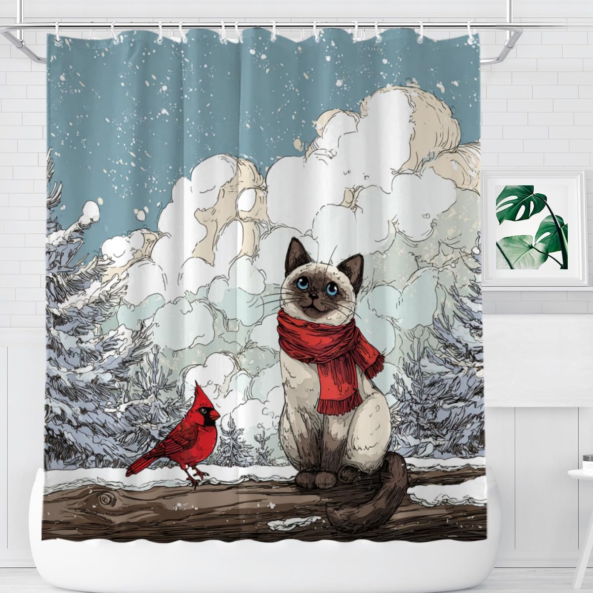 Winter Siamese Cat and Cardinal Shower Curtain Winter Snow Forest Cute Snowflake Nature Scenery 72x72 Inches Bathroom Decor Curtain with 12 Hooks