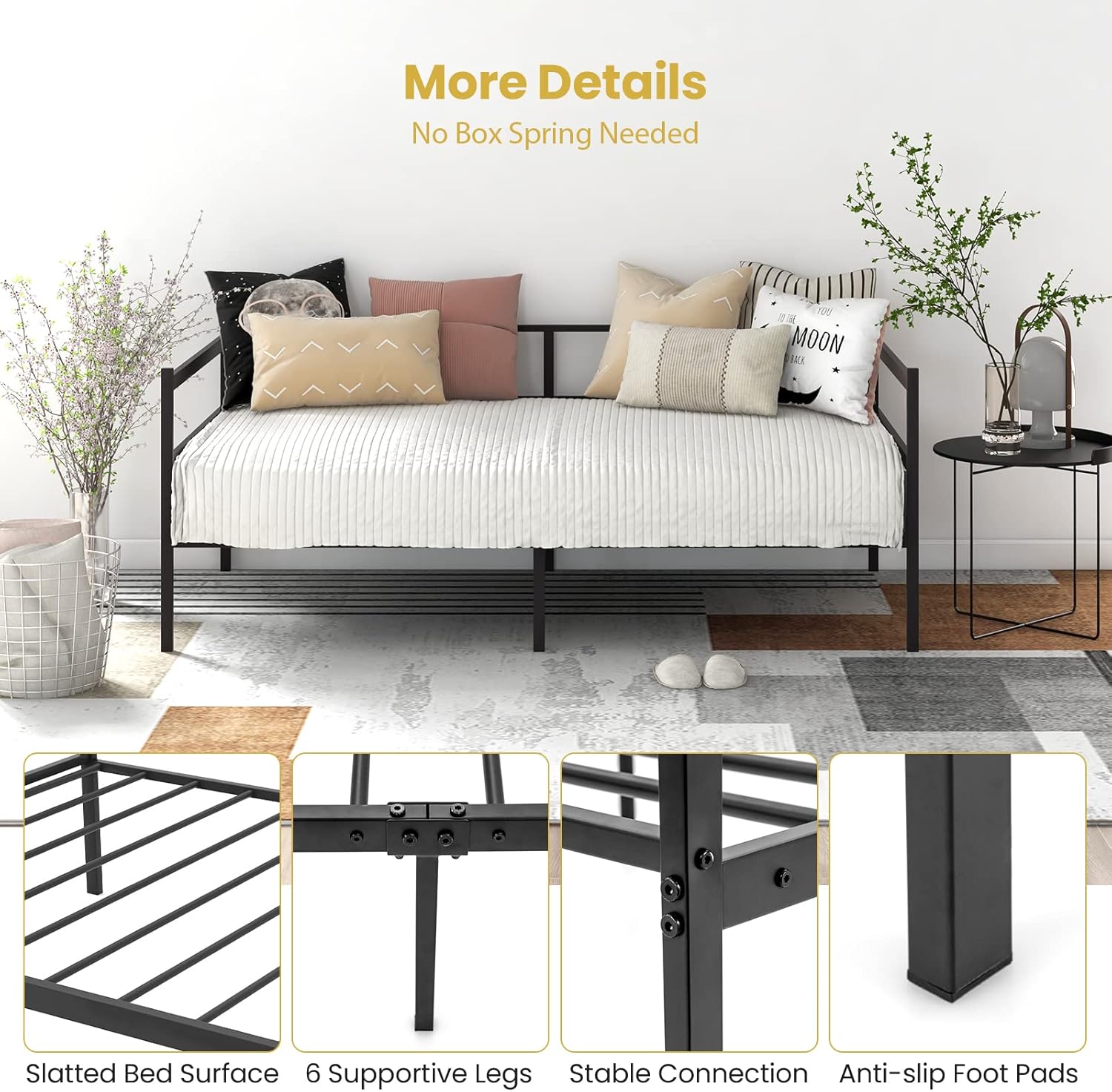 KOMFOTT Twin Size Metal Daybed Frame, Heavy-Duty Metal Slats Support Platform Bed, Home Sofa Bed with Storage, No Box Spring Needed, Easy Assembly, Mattress Foundation for Living Room, Guest Room