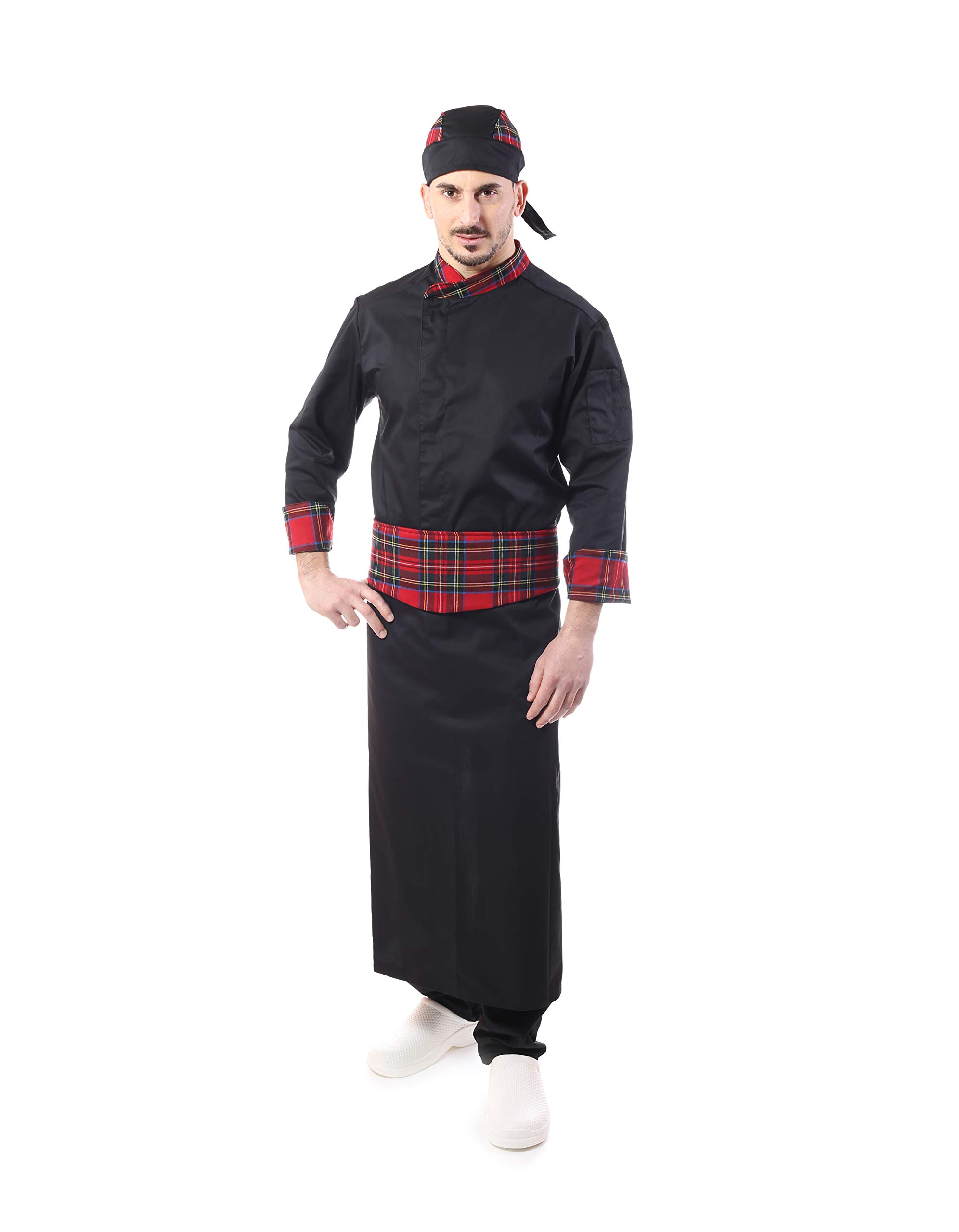 RICAMO GRATUITO - Completo Cuoco e Chef Nero - Scozzese Bordeaux - Uomo - Doppio Collo - 4PZ - Giacca, Pantalone, Davantino, e Bandana - Divisa per Cucina e Ristorante - Made in Italy Tessile Astorino