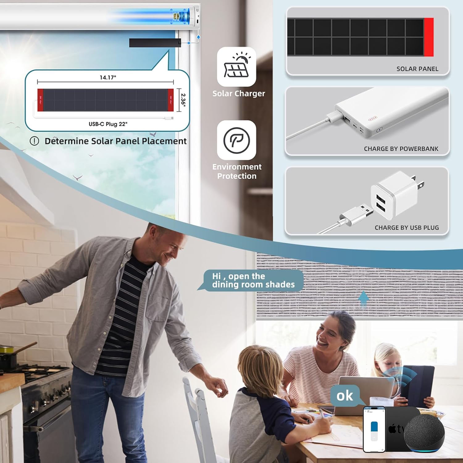SmartWings Motorized Roller Shades Work with Matter Homekit Over Thread, Alexa, Z-Wave 100% Blackout Smart Blinds for Windows, Cordless Remote Control Optional, Customized Size, Safari Rock Grey