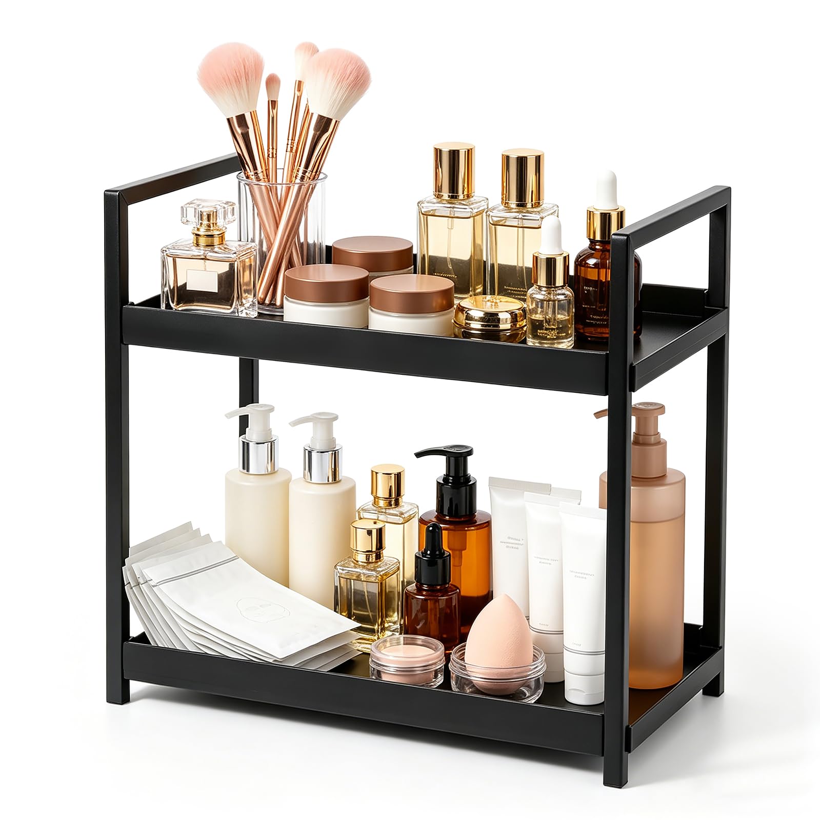 Minicoco 2 Tier Bathroom Organiser and Storage, 2 Tier Spice Rack for Kitchen Counter, Countertop Shelf Stand for Skincare Makeup Cosmetics Perfume Toiletries, Spices Seasonings Condiments (Black)