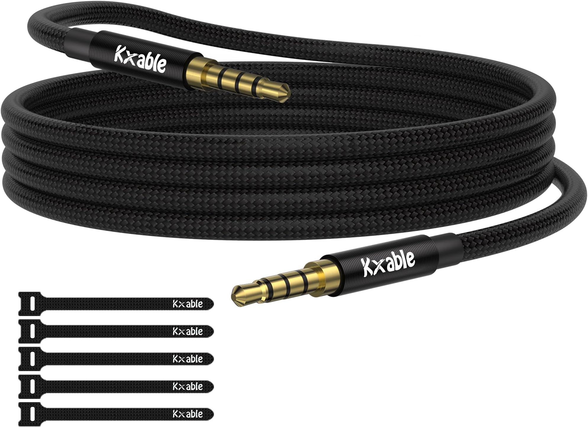 3.5mm Audio Cable, 4-Pole Hi-Fi Stereo TRRS Aux Jack 25FT, Nylon Braided, Microphone Compatible, 1/8 inch Male to Male Auxiliary Cord Extension for Headphones, Car, iPad, Phone, Tablet- Black