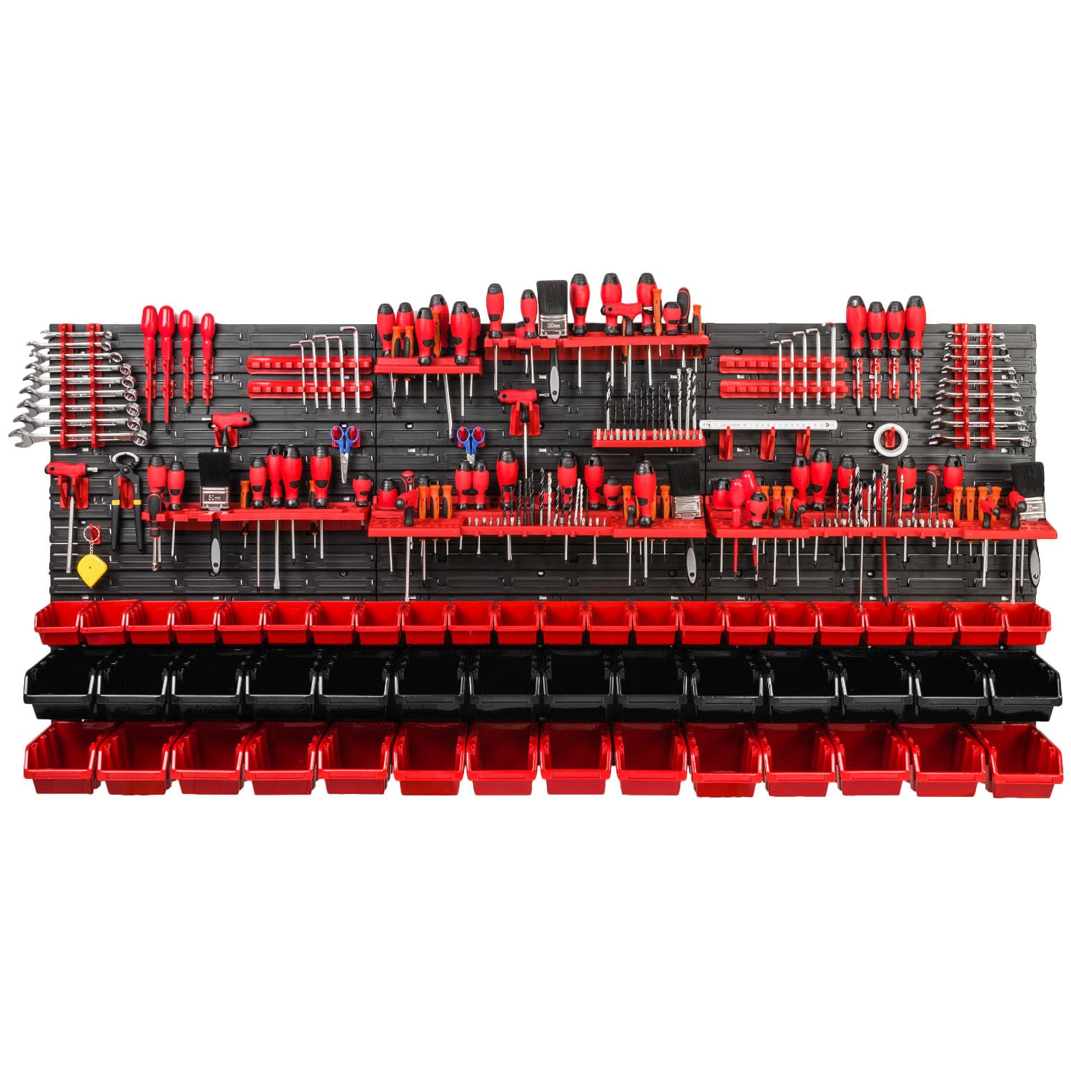 B2c Red Wall Mounted Tool Peg Board Set Garage Storage Bins Workshop Rack Shed Organiser 50 Models Various Shapes And Layouts Small Medium Large (Model 45)