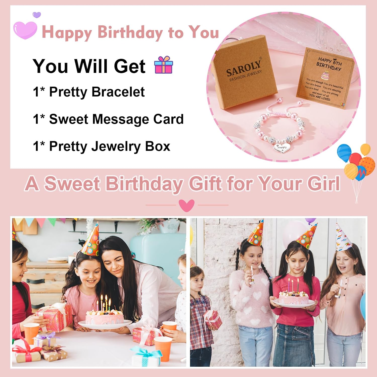 Happy 3 4 5 6 7 8 9 10 Year Old Birthday Bracelet Gifts for Girls, Adjustable Pink Pearl Heart Beaded Bracelet Birthday Christmas Jewelry Gifts