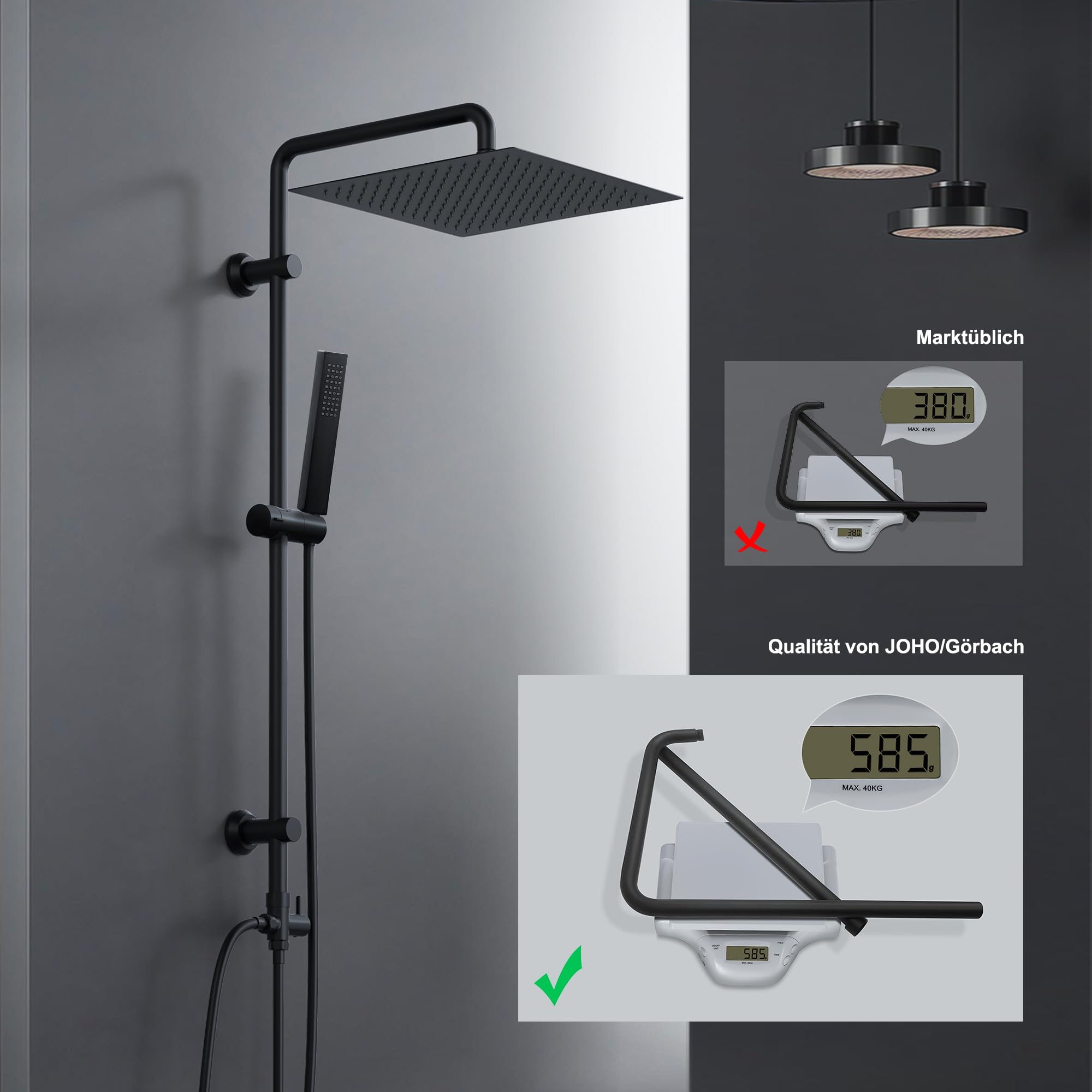 Görbach Deszczownica system prysznicowy bez armatury, zestaw prysznicowy ze stali nierdzewnej z drążkiem prysznicowym 92 cm, kwadratowa głowica prysznicowa 20 x 20 cm, czarna