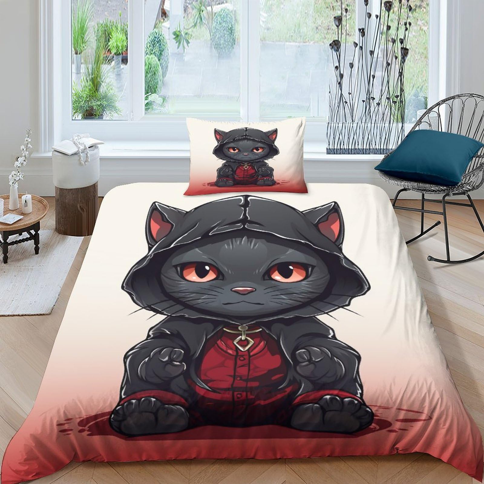 Housse de couette chat 3D pour chambre d'enfant et ado, parure de lit simple respirante
