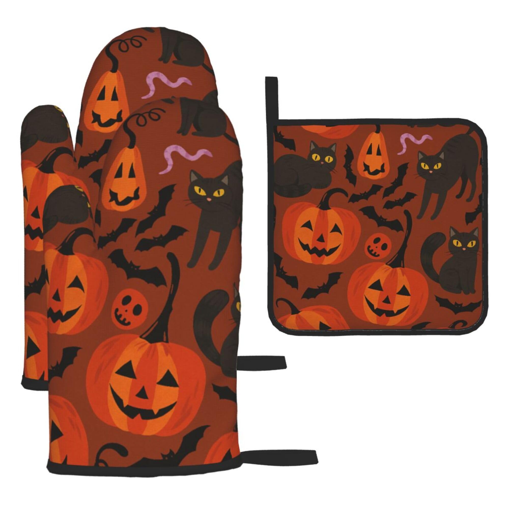 Halloween Pumpkin, Black Cat and Bat Oven Mitts and Pot Holders 3pcs Set Heat Resistant Kitchen Gloves