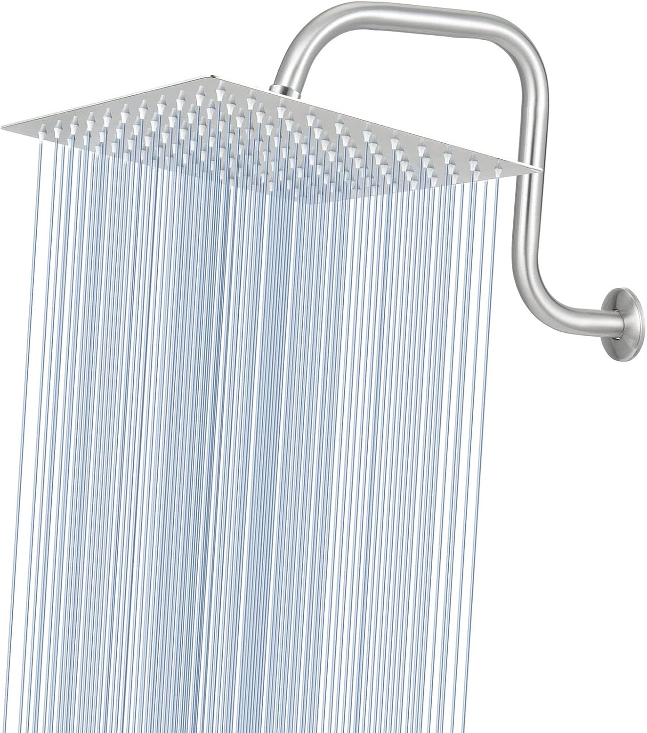Voolan All Metal Shower Head with Extension Arm, Stainless Steel Waterfall Rainfall Showerhead, High Flow Bathroom Square Large Rain Shower Head