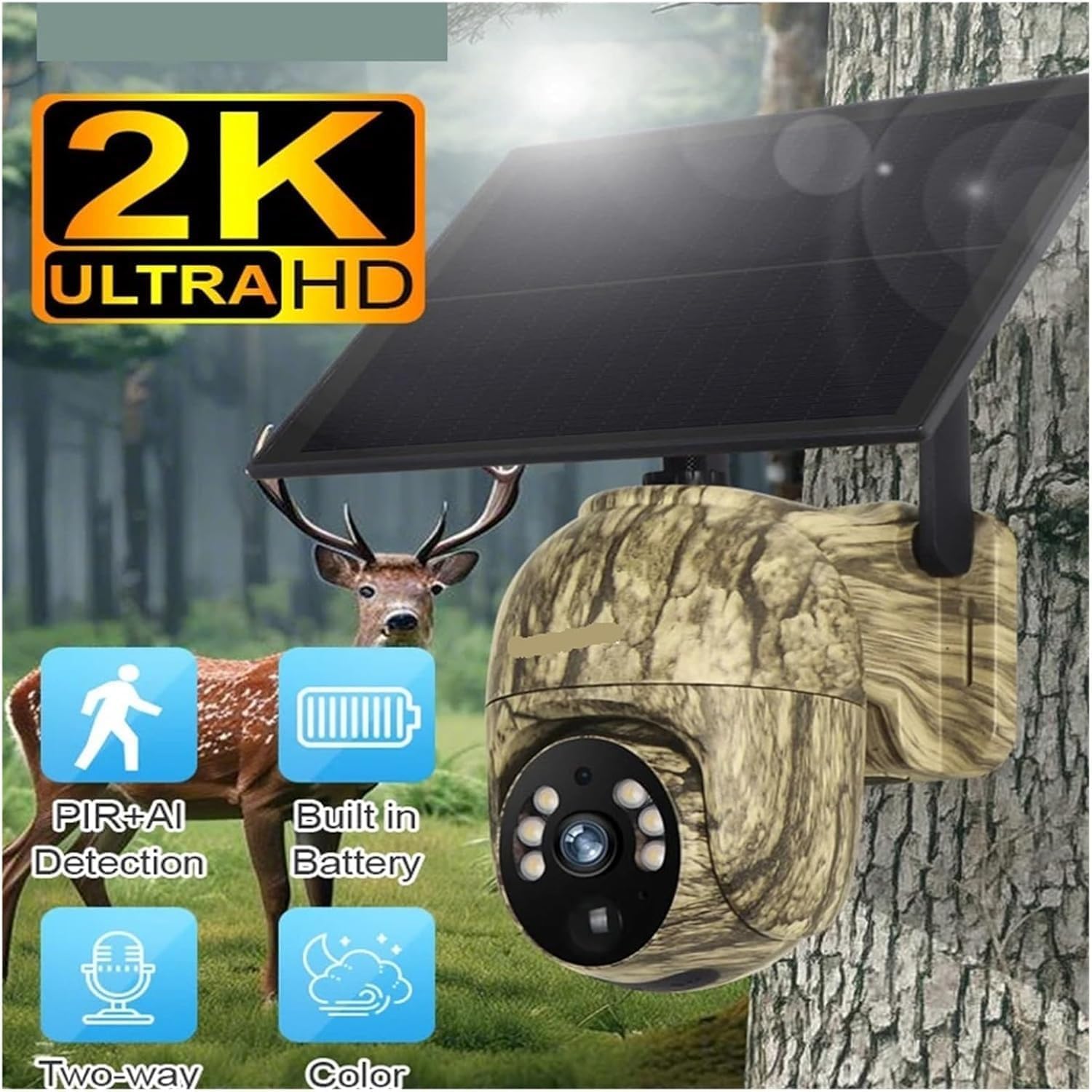 2k 4g Solar Security Cameras WiFi Outdoor 360° Live View Animal Monitoring Camouflage Color Battery Ptz Cam(4mp 4g Add 64g) 4MP WiFi Add 32G