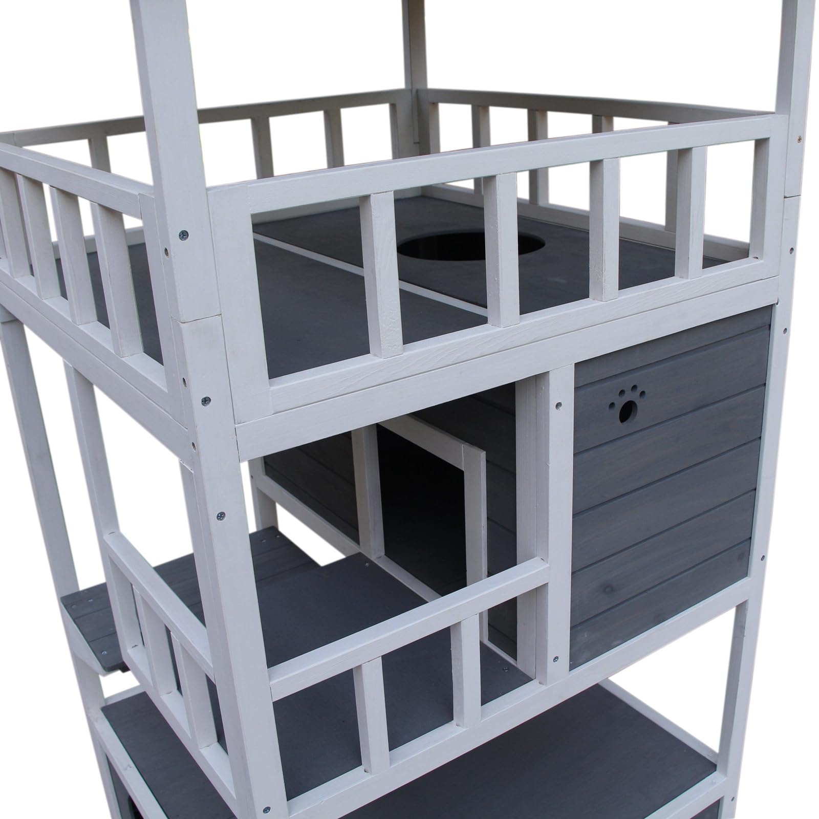 Pawhut Casa para gatos de madera de abeto con gran espacio de 4 niveles y espacio extraíble para arena, 78 x 76 x 140 cm, gris y blanco