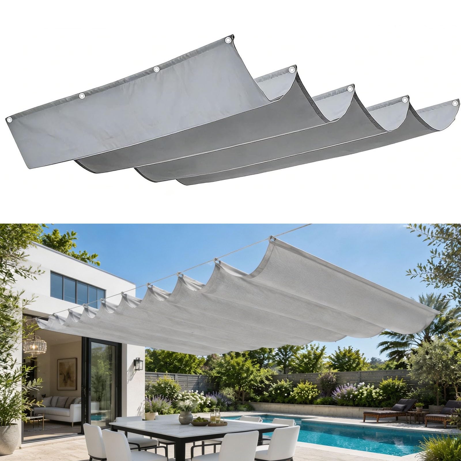 Voile d'ombrage vague rétractable gris clair 2.1x4.75m imperméable pour terrasse
