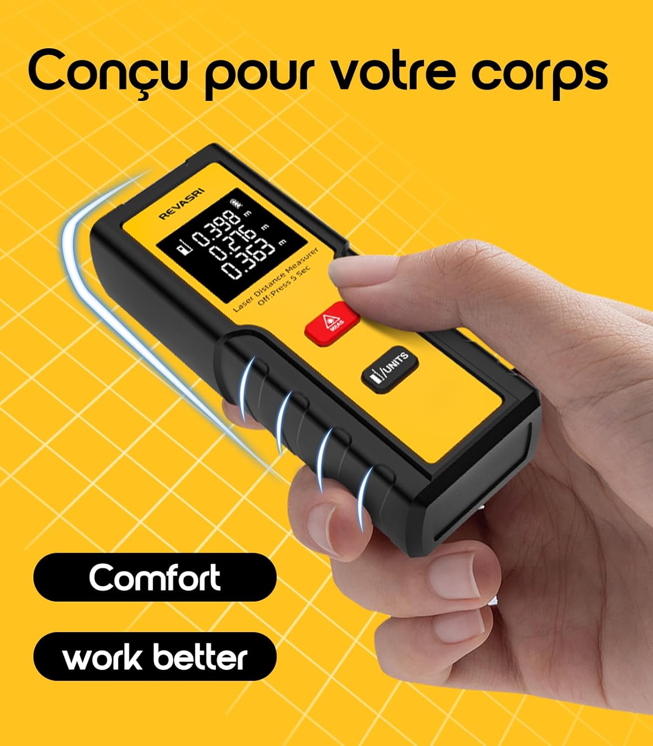 Hand holding REVASRI Laser Distance Measurer showing ergonomic design