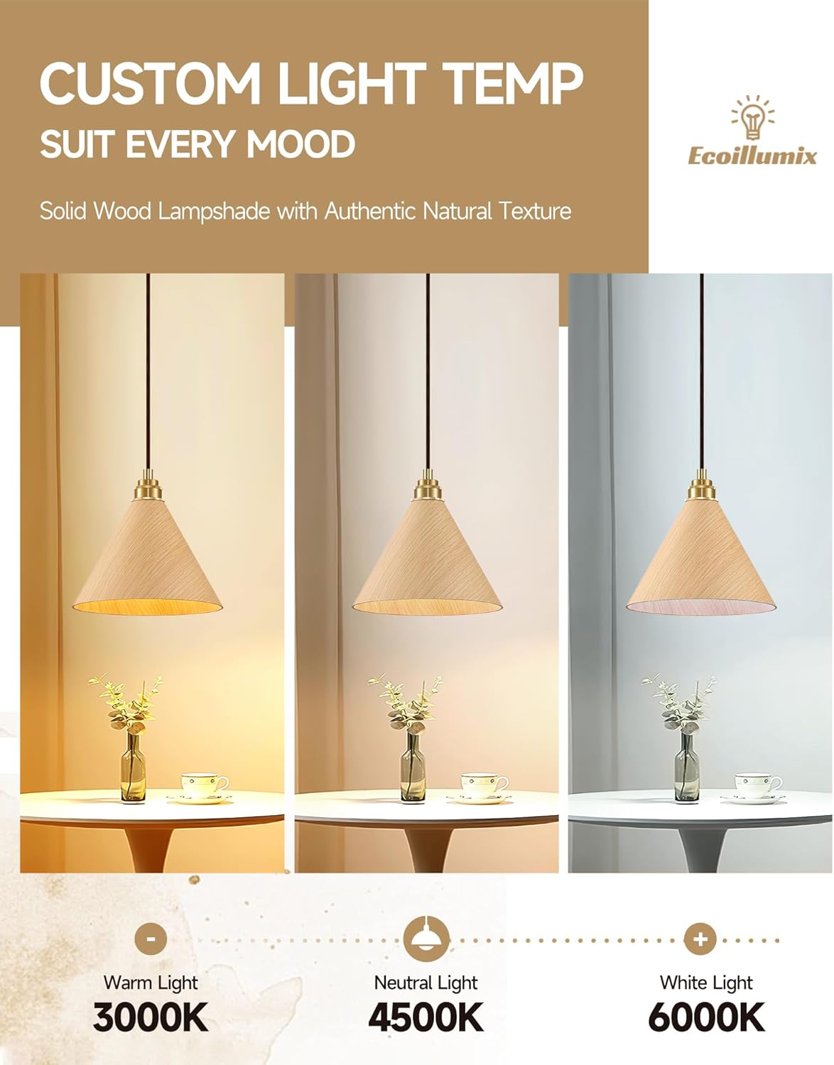 2 Pack Pendant Lights Kitchen Island, 8.3” Small Wood Pendant Light, Adjustable Height Hanging Light Fixtures, Kitchen Island Lights for Dining Room, Bedroom, Hallway, Bar (Natural Wood)