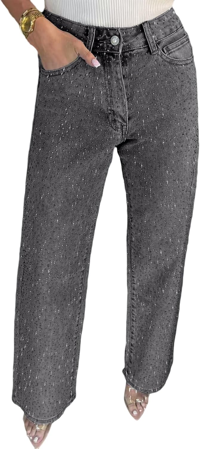 Tcremisa Womens Rhinestone Jeans High Waisted Straight Leg Denim Pants Sparkly Bling Glitter Diamond Pearls Jeans