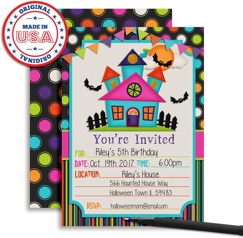 Colorful Haunted House Halloween Party Invitations, 20 5x7 Fill In Cards with Twenty White Envelopes by AmandaCreation