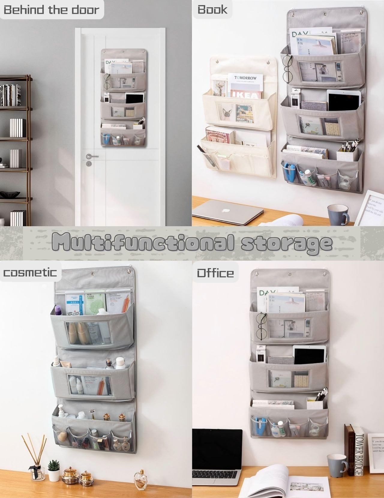 Organizador colgante de 3 capas 40 x 90 cm – Organizador de pared plegable de tela Oxford con 3 ganchos, organizador de puerta sin taladrar, almacenamiento para baño, armario (albaricoque)